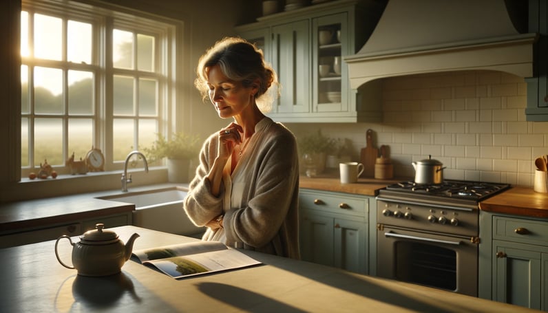 DALL·E 2024-02-02 10.54.35 - A middle-aged woman, wearing a wedding ring, stands in a kitchen bathed in the soft glow of morning light, exuding a calm aura. The kitchen is immacul